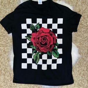 Black checkered rose print top